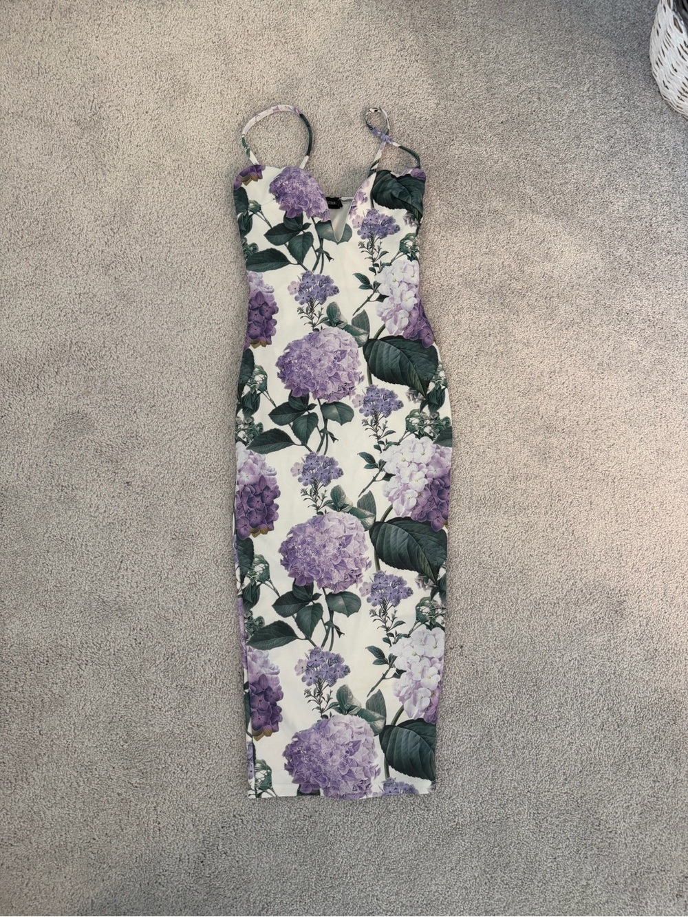 PrettyLittleThing White Midi Dress with Purple Floral Print